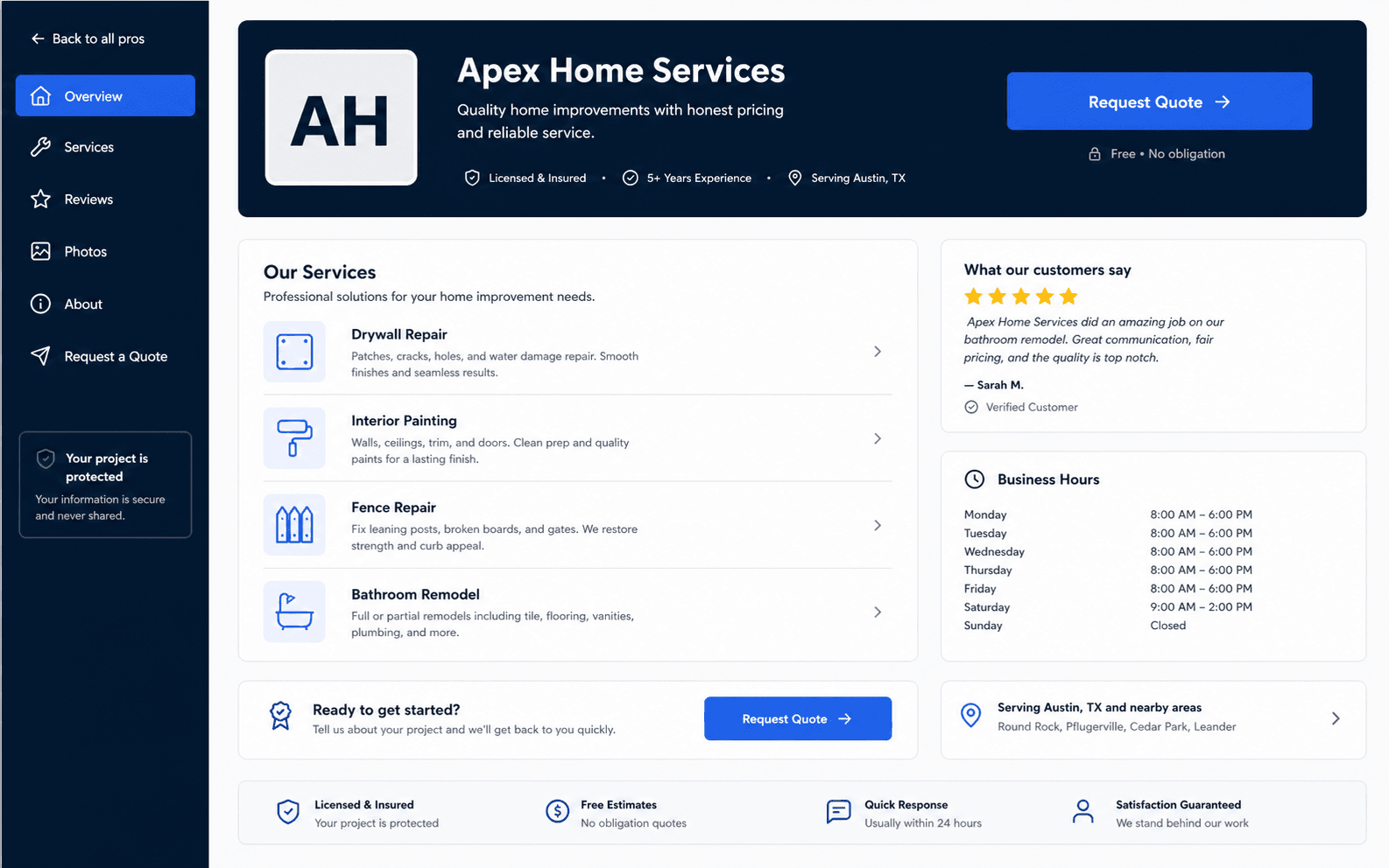 Contractor public profile page for Apex Home Services with services, reviews, hours, and a request quote button