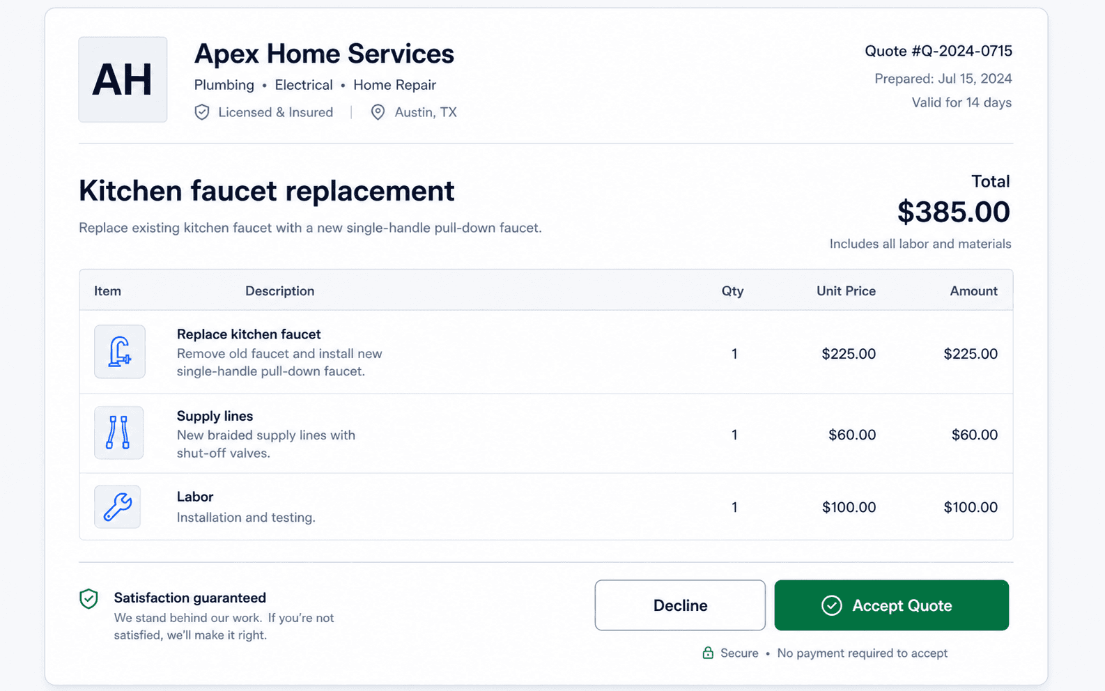 Customer-facing branded estimate page with line items, a 385 dollar total, and accept quote and decline buttons