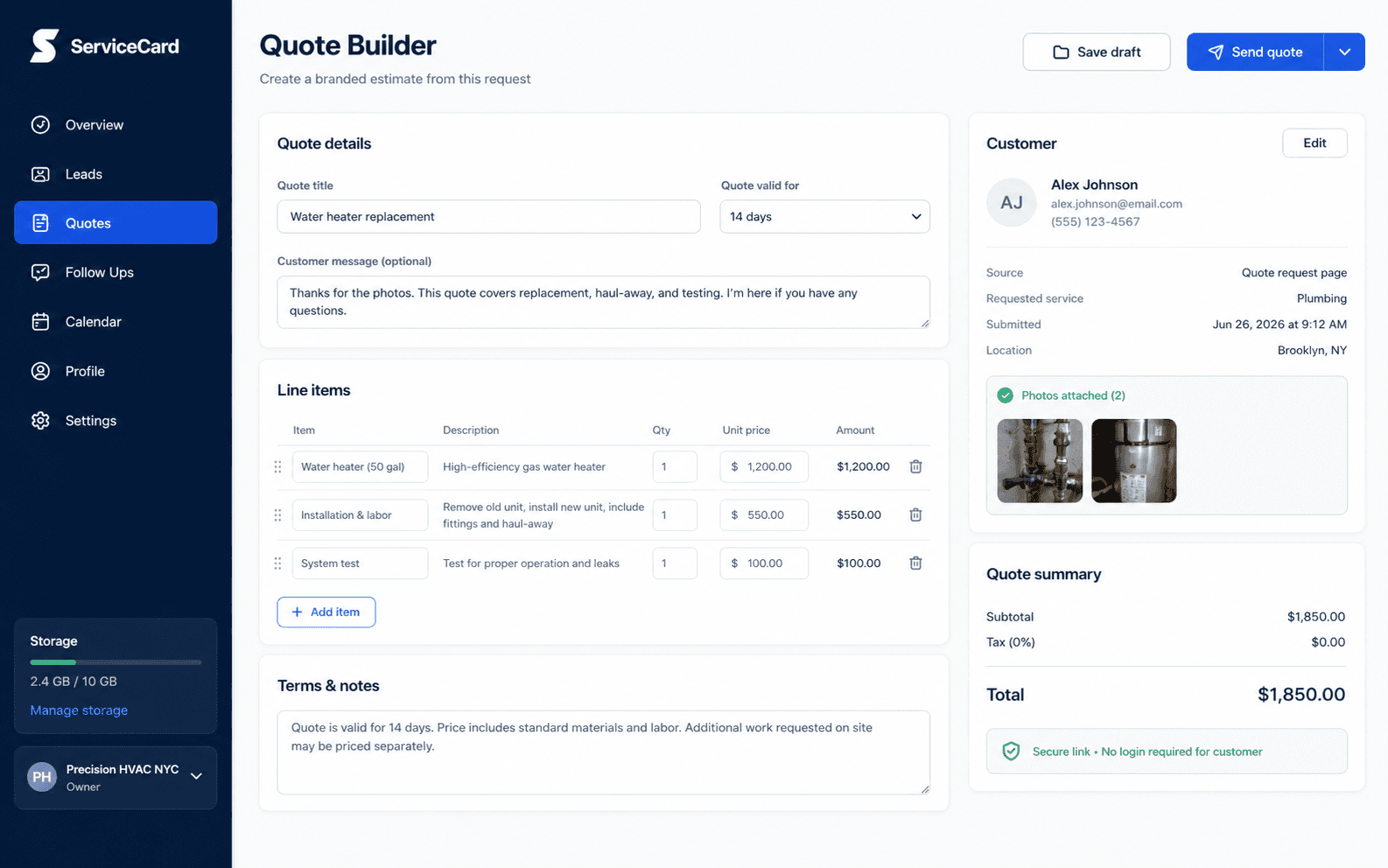 ServiceCard quote builder showing a branded estimate with customer details and line items