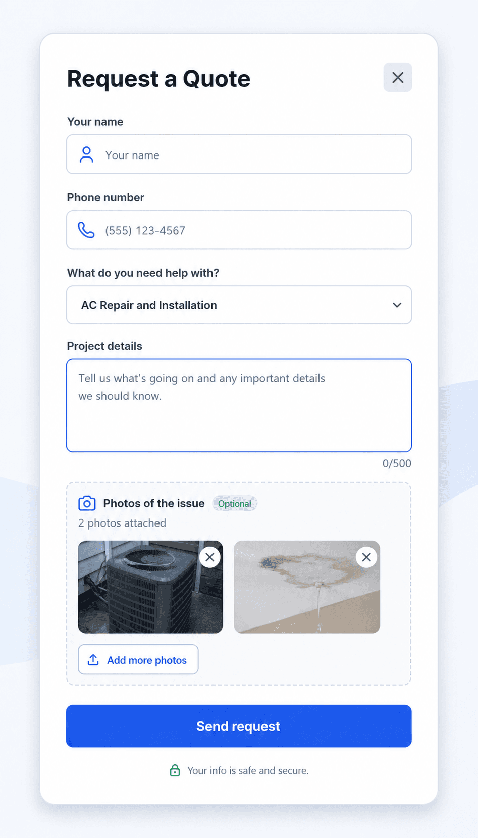 ServiceCard quote request form with customer job details and photo upload attachments