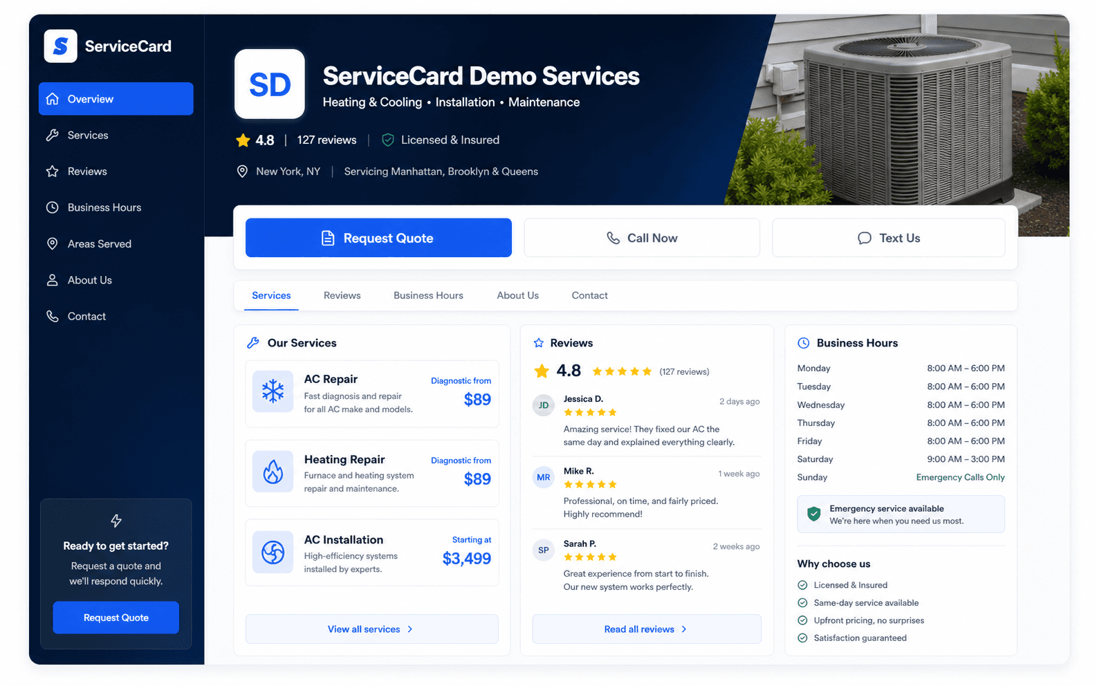 ServiceCard quote request page showing services, reviews, business hours, and a request quote button