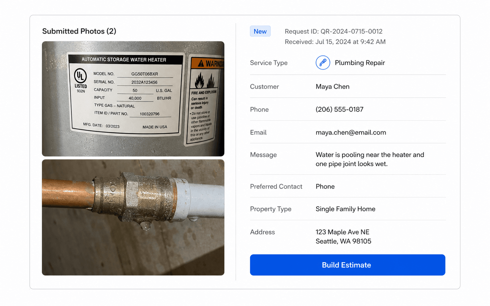 ServiceCard-style quote request detail panel showing water heater and pipe photos attached to a plumbing lead